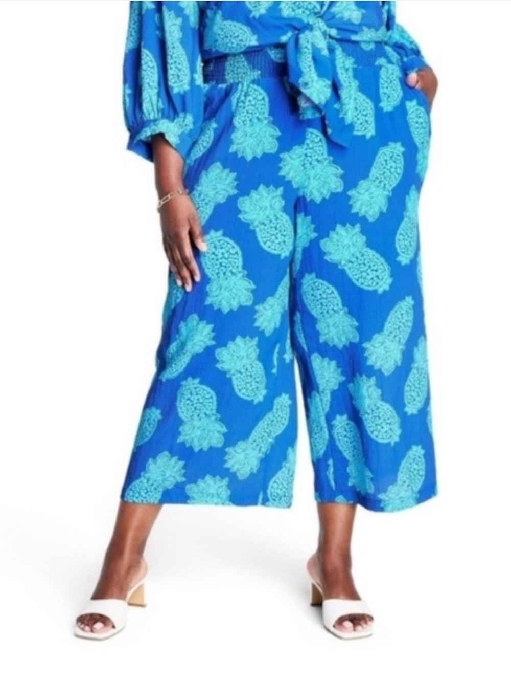 Tabitha Brown Blue Wide-Leg High Waisted Cropped Pants with Aqua Pineapple Print